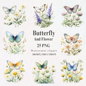 Clipart de flores de borboleta em aquarela, clipart de adesivos, clipart de borboletas, criação de cartões, arte de berçário, borboletas, ilustração, PNG.