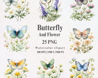 Clipart di fiori di farfalla ad acquerello: arte per bambini in formato PNG (download digitale)