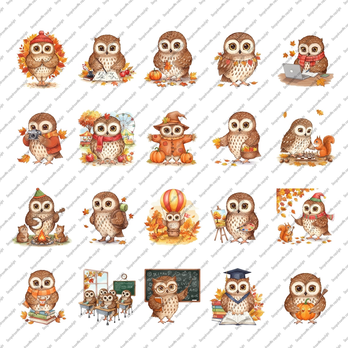 Owl Fall School Clipart | Cute Autumn Owl Teacher PNG | Watercolor Back ...