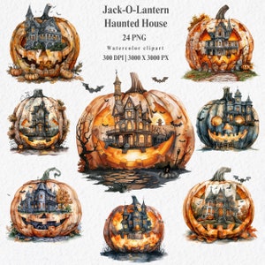 Watercolor Haunted House Clipart Set: Jack-O-Lanterns, Halloween PNG Files