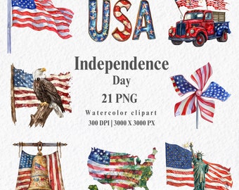 Watercolor Independence Day Clipart Bundle, 4th Of July, American Pride, American flag, Patriotic, Veteran day, PNG Graphics, Commercial use