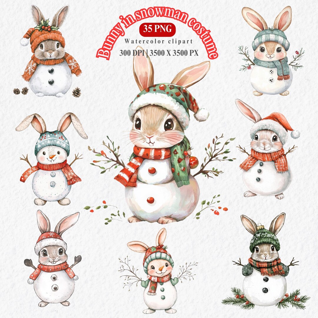 Watercolor Bunny Snowman Clipart Bundle: 35 PNG Winter Holiday ...