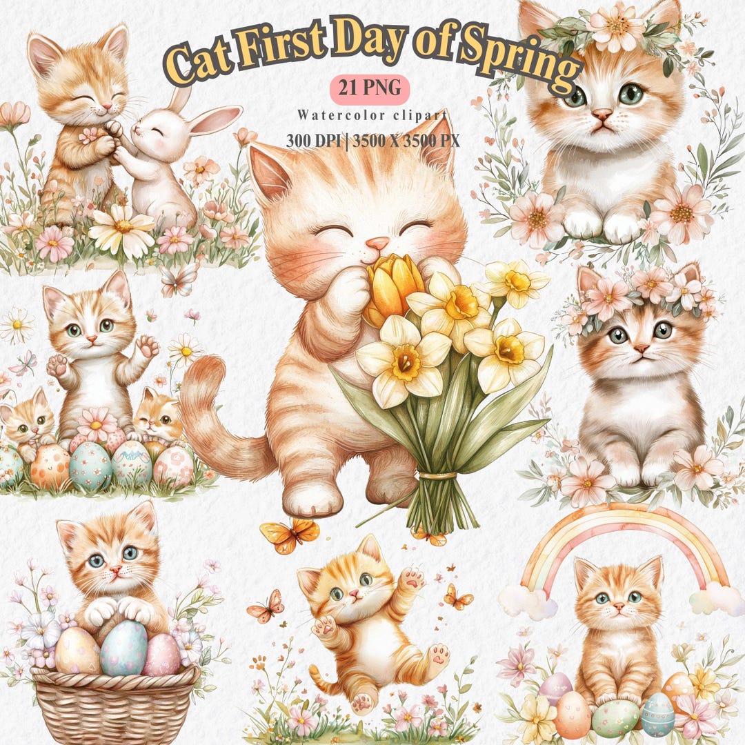 Spring Kitten Watercolor Clipart: Easter Cat PNG Bundle (digital ...