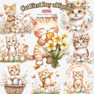 Clipart aquarelle de chat de printemps | Ensemble PNG chaton mignon | Téléchargement numérique de chat de Pâques | Illustration florale de chat | Clipart baby shower