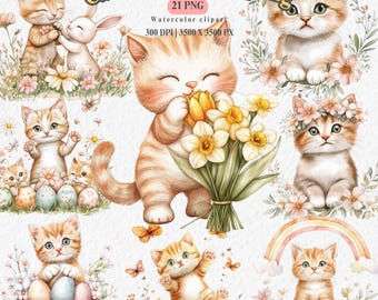 Spring Kitten Watercolor Clipart: Easter Cat PNG Bundle (Digital Download)