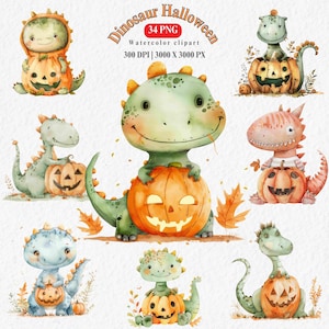 Dinosaur Halloween Clipart Collection – Cute Watercolor Dinosaurs with Pumpkins – Perfect for Kids&#39; Halloween Decorations, Crafts