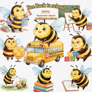 Watercolor Bee Back to School Clipart: Classroom Decor PNG (digital ...