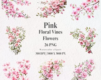 Pink Floral Vines Clipart: Watercolor Flower Borders (PNG, Commercial Use)