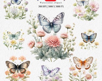 Clipart de mariposa de acuarela: PNG floral de primavera, pegatinas DIY (descarga digital)