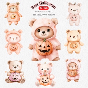 Ours en peluche Halloween Clipart 2, clipart mignon ours d'Halloween, aquarelle ours des cliparts Halloween, ours PNG Bundle, citrouille, usage Commercial
