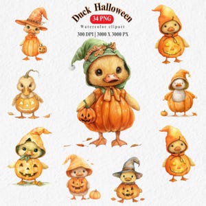 Watercolor Duck Halloween Clipart, 34 PNG Halloween Clipart, Cute Halloween Duck Clipart, Baby Duck PNG Bundle, costume Pumpkin, Sticker
