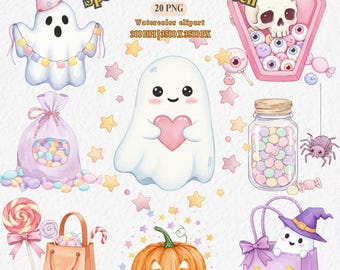 Pastel Halloween Clipart Set: Kawaii Ghosts, Pumpkins, Candy (PNG Digital Download)