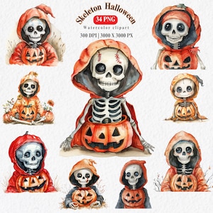Watercolor Skeleton Halloween Clipart, 34 PNG Halloween Clipart, Cute Halloween Skeleton Clipart, Skeleton PNG Bundle-Pumpkin-Commercial Use