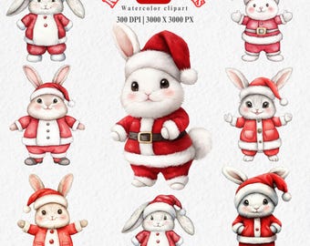 Watercolor Christmas Rabbit Clipart: 30 PNG Santa Bunny Illustrations (Commercial Use