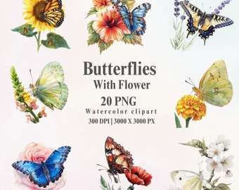 Clipart aquarel vlinders en bloemen: 20 png-afbeeldingen (digitale download)