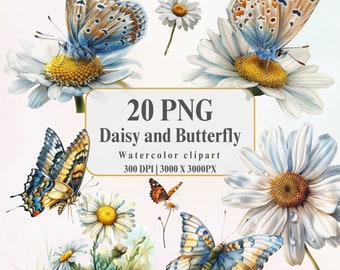 Watercolor Butterfly Clipart: Daisy Flower PNG Set (Digital Download)