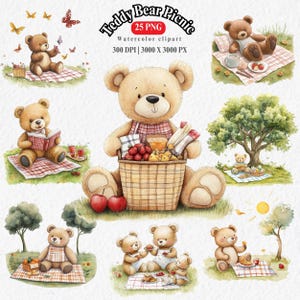 Pack de cliparts pique-nique aquarelle ours en peluche, téléchargement numérique-25 PNG, baby shower, parfait pour le scrapbooking, les invitations et les projets d'artisanat