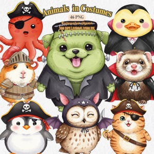 Halloween Animals Clipart | Cute Animals in Costumes PNG | Watercolor Halloween Kids Party Graphics