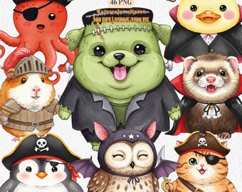 Watercolor Halloween Animals Clipart | Costumed Critters PNG (Digital Download)