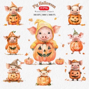 Adorable clipart de porcelet d'Halloween en costumes de citrouille - décoration d'automne de porcelet mignon - téléchargement numérique pour travaux manuels d'Halloween et décorations