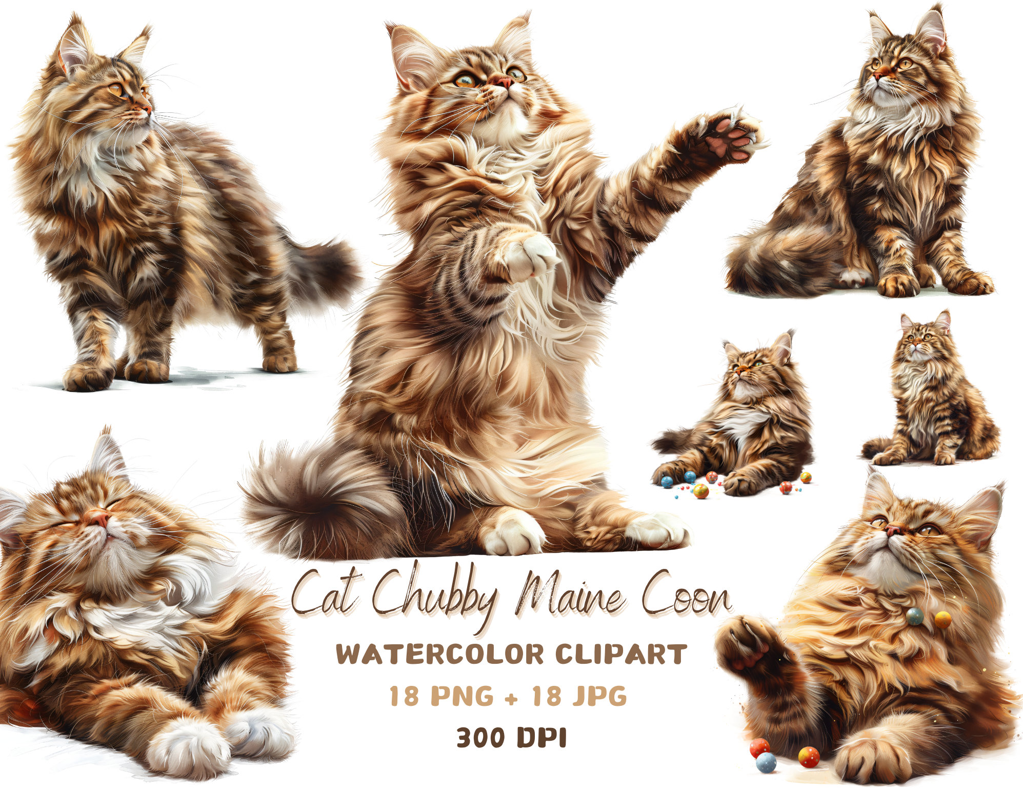 Watercolor Maine Coon Cats Clipart, PNG digital images, instant download, animals, cute cat, transparent background, poster print, PNG, JPEG
