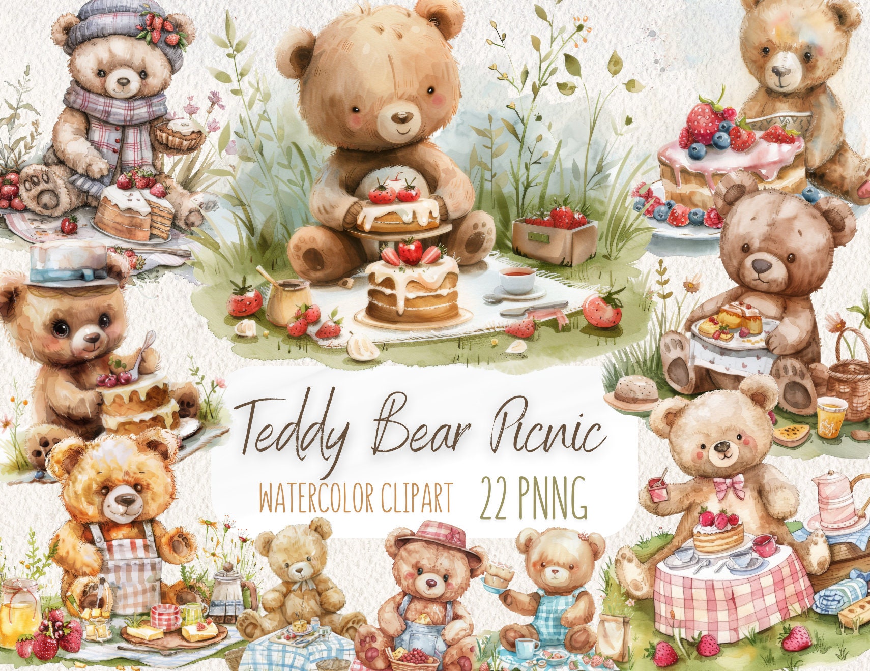 Teddy Bear Picnic Clipart Pack, Digitaldownload-22 PNG Files-high