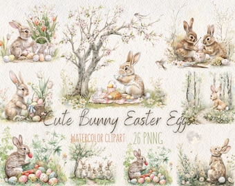 Easter Bunny And Egg Clipart, Easter Clipart, Printable Watercolor clipart, High Quality PNG, Digital download, paper crafts, junk journal