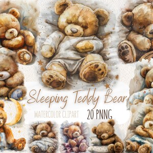 Aquarell schlafender Teddybär Clipart Pack, DigitalDownload-High-Quality, Kartenherstellung, Scrapbooking, digitales Papiermodell, süße Kunstprojekte
