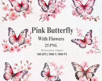 Roze vlinderbloemen aquarel clipart: png-stickers (digitale download)