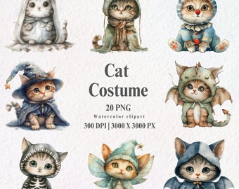 Cute Cat in Suit Costume Clipart, Halloween Cat Clipart, Baby Cat Clipart, Cute Cats in Witch Hat, Pumpkin Dresses, Skeleton & Ghost Outfits