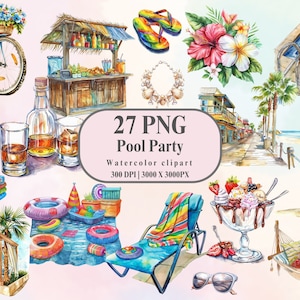 Lot de cliparts aquarelle pool party : graphismes estivaux (autocollants numériques)