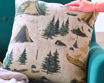Cojín decorativo para acampar, de montaña, para cabañas, para interiores de autocaravanas, regalo para amantes de la naturaleza, con temática de aventuras y acentos salvajes.