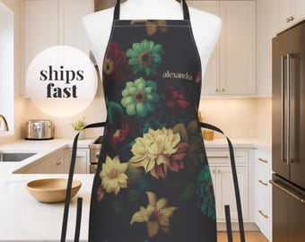 Delantal floral personalizado, regalo con nombre personalizado, accesorio de cocina para entusiastas de la cocina, estilo vintage, flor oscura, regalo de cumpleaños, regalo para mamá