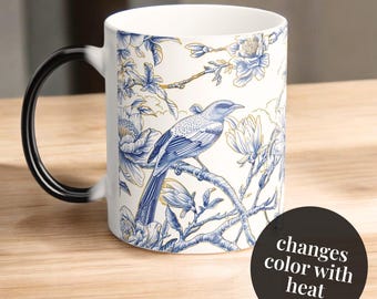 Taza que cambia de color / Taza térmica con diseño de pájaro Toile, taza mágica reveladora