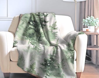 Watercolor Forest Blanket Wall Hanging Cabin Decor Rustic Style Nature Inspired Cottagecore Aesthetic Evergreen Design Cozy Throw Camping