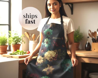 Delantal de cocina personalizado con nombre personalizado, idea de regalo para chef, estilo vintage, diseño floral, para cenas de Acción de Gracias, para hornear