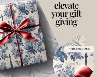Papel de regalo francés con diseño floral azul, Torre Eiffel, París, para bodas, embalaje de lujo, elegante, personalizado, calidad prémium.