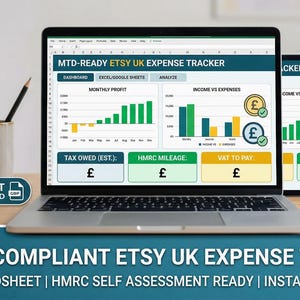 May include: A laptop and tablet display a financial spreadsheet titled "MTD-READY ETSY UK EXPENSE TRACKER." The screen shows charts and financial data with the British pound symbol. A mug with pencils and the words "INSTANT DOWNLOAD" are also visible.