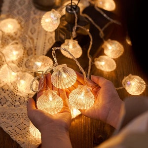 May include: A string of fairy lights with clear shell-shaped bulbs. The lights are strung on a clear wire and are lit with warm white light. The lights are being held in a person's hands.