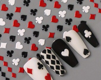 Embossed Black Red Poker Nail Stickers – Cartoon-Style Matte Self-Adhesive Decals for Playful, Stylish Nail Art