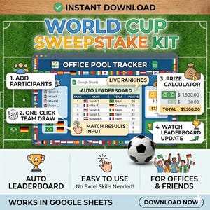 May include: A digital World Cup Sweepstake Kit graphic with the text "Instant Download." The design includes an office pool tracker, prize calculator, and a soccer ball. Features include auto leaderboard and easy-to-use functions.