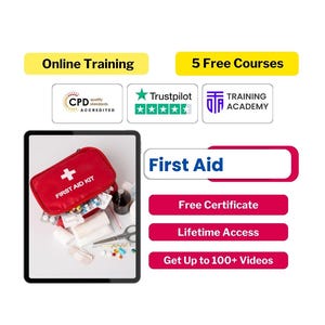 May include: A digital tablet shows a red first aid kit with medical supplies. The image includes text that reads "Online Training", "5 Free Courses", and "First Aid". Additional text includes "Free Certificate" and "Lifetime Access".