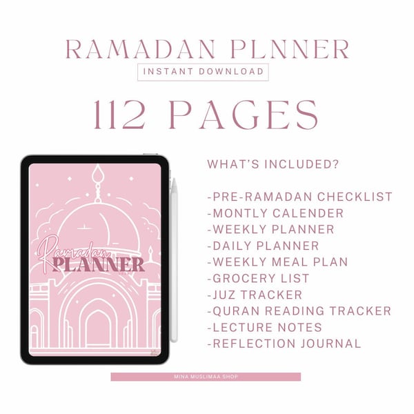 Pink Ramadan Digital Planner | Ramadan 2024 Planner PDF | Muslim Daily Planner | A4 & US Letter Size | Printable Ramadan Planner