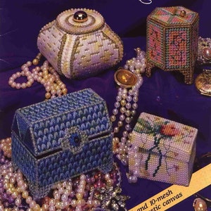 Modèles de boîtes à bijoux en toile en plastique vintage, boîtes au trésor, coffre en toile en plastique, décoration d'intérieur à broder, téléchargement immédiat au format PDF