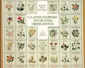 Kreuzstichbuch, US Bundesstaat Blumen in gezählten Kreuzstich Karten von Gerda Bengtsson, Vintage 1970s, PDF Instant Download