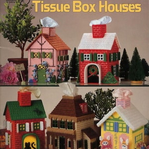 Vintage Plastic Canvas Pattern, Tissue Box Houses, PDF Instant Download