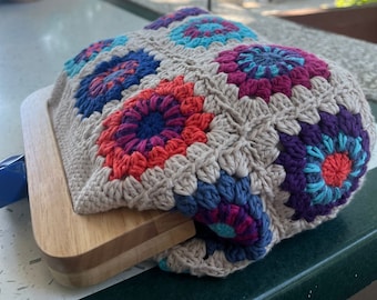 Granny Square Crochet Bag – Colorful Handmade Boho Festival Purse with Wooden Handles