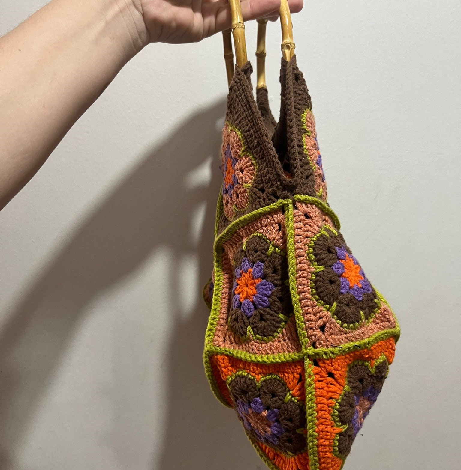 Vintage Style Granny Squares Crochet Bag Wooden Frame Unique 