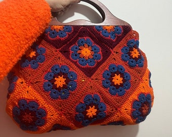 Vintage style granny squares crochet bag wooden frame unique special day present