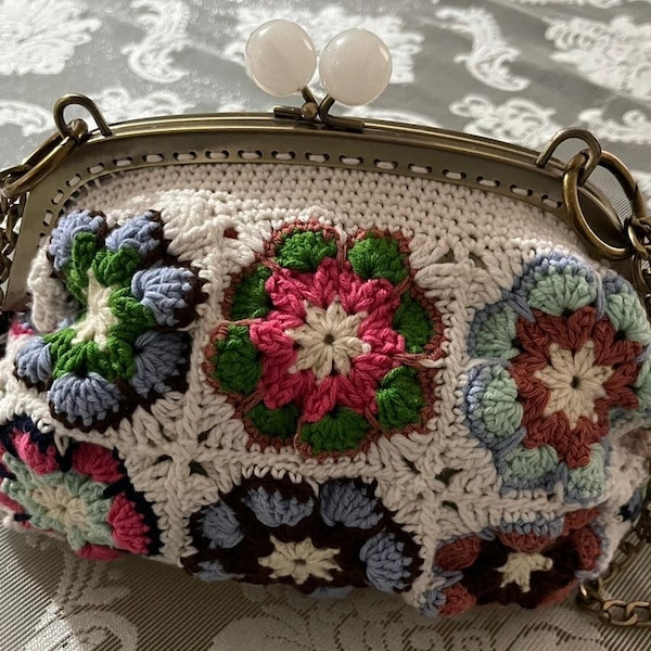 Crochet Purse Clasp Clutch , lined with adjustable strap